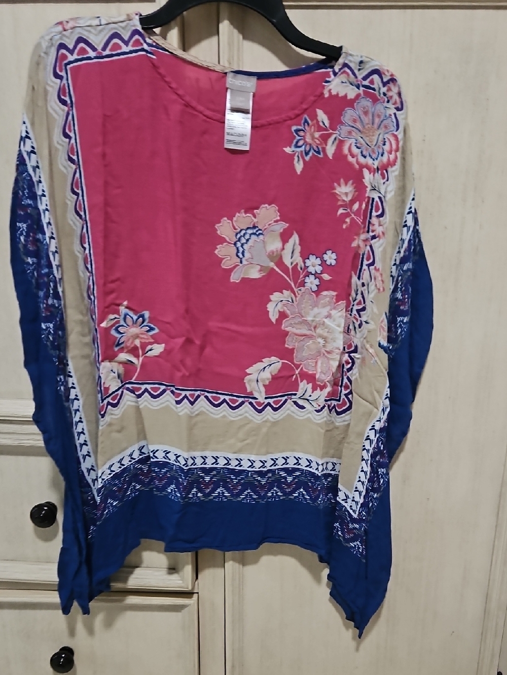Chico's Pink Floral Tunic with Blue & Cream Panels